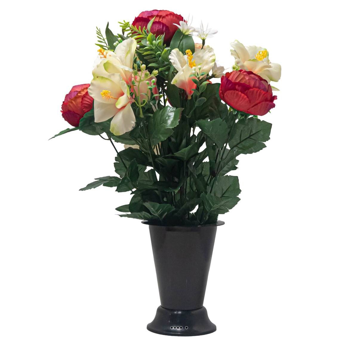 Fleurs artificielles de cimetière pot cône hibiscus bourgogne H45 cm D25 cm