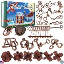 2025 Advent Calendar - 24 Unique Metal & Wood Brain Teaser Puzzles for Holidays