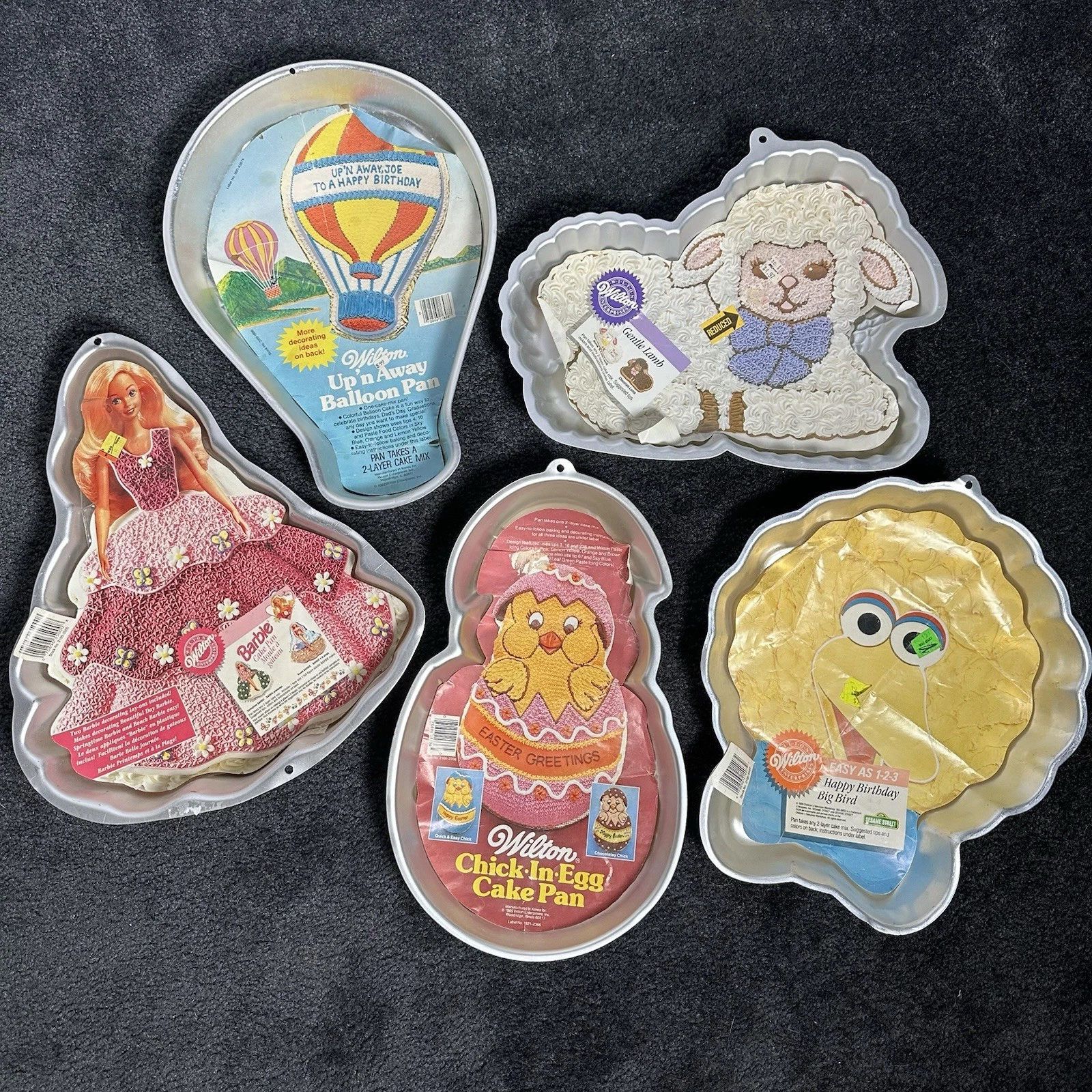 VTG Wilton Cake Pans Lot of 5 Barbie Big Bird Up’n Away Balloon Gentle Lamb Chic