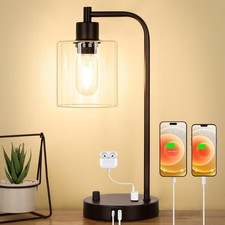 Industrial Table Lamp W/ USB A C Ports  Outlet Fully Stepless Dimmable Modern
