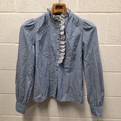 Sezane Chlo Embroidered Ruffle Blue Shirt Size 34 Lyocell cotton linen 18*25