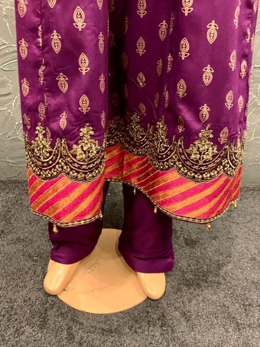 Pakistani Purple long frock Style Embroidered linen dress,Large - Picture 11 of 12