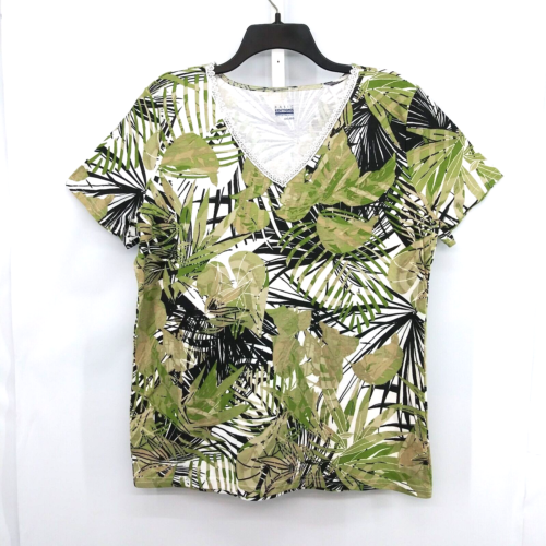 Basic Editions Shirt Women Plus Size 2XL Green Tropical Short Sleeve Lace Accent