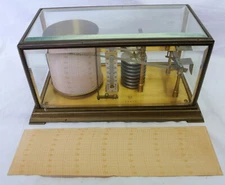 Antique French Recording Barometer Brass in Cut Beveled Glass Case