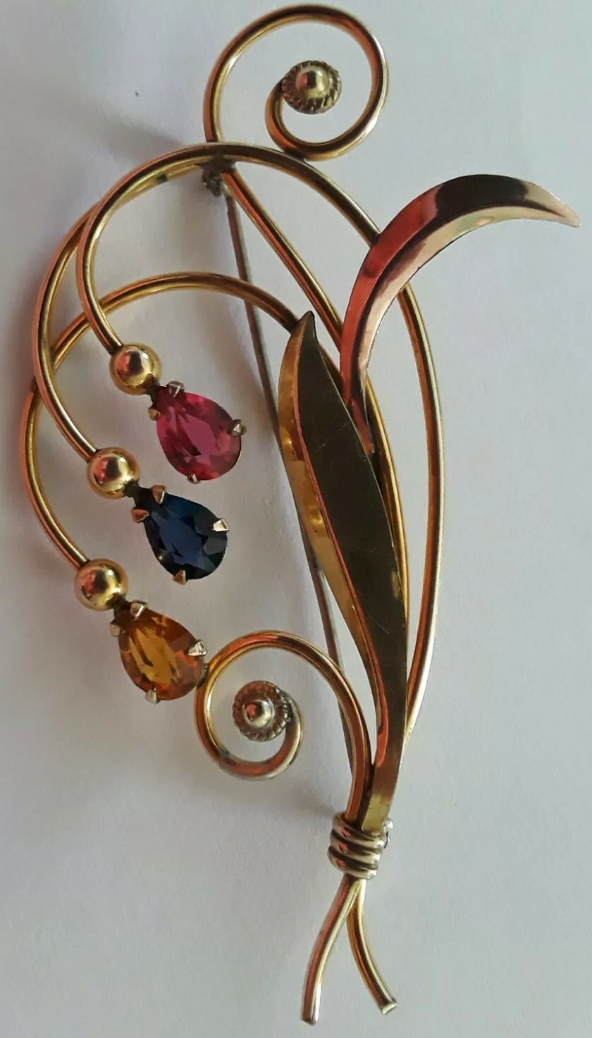 Vintage Van Dell Flower Brooch 1/20-12K-G.F. On Sterling w/3 Pear Shaped Stones