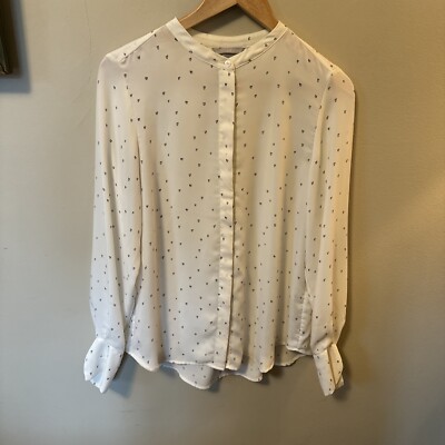 H&M Women's Button Down Blouse White Heart Long Sleeve Collar Size 6