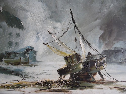 Coastal Scene with Blustery Weather over boat. Bill Hawkes Original Impasto Oil - Picture 3 of 6