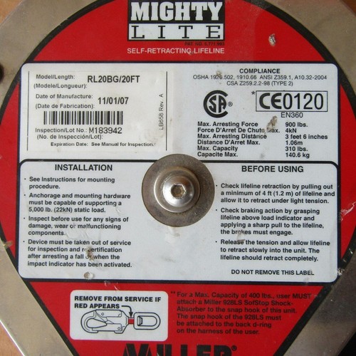 Miller FL20BG/20FT Mighty Lite Self-Retracting Lifeline 20' - Used - Picture 3 of 4