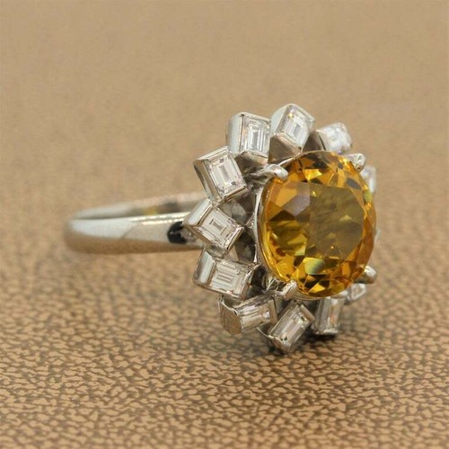 Vivid Sun Yellow 5.17CT Tourmaline With Baguette Shape 1.26CT CZ Sunburst Ring - Picture 2 of 7