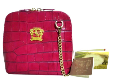 Pratesi Firenze Crossbody Purse Fuchsia Italian Leather Bag Croc Embossed NWT