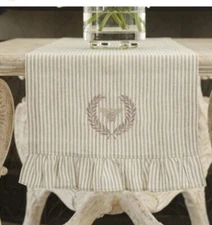 Arte Italica Crown Linen Design Tan Striped Linen Table Runner New 23” X 90”
