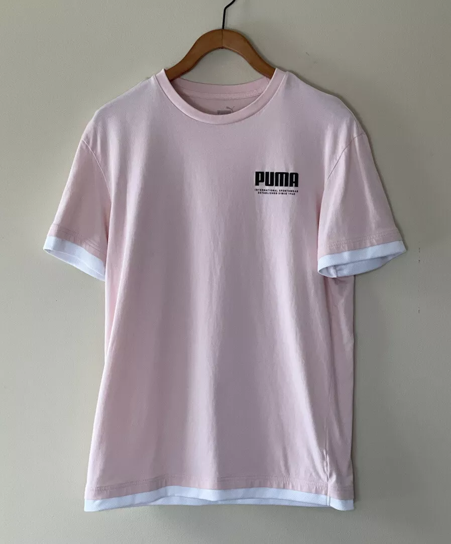 Mens PUMA Short Sleeve T Shirt Pink w White Mesh Cuffs Hem Guys Small