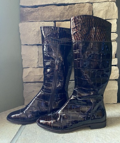 Alex Marie Black Patent Leather Croc Embossed Riding Boots Shoes Brown 6M Zip
