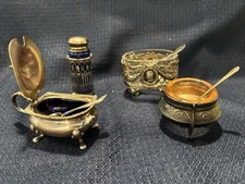 3 Salt Dips-1 Shaker-Silver And Chrystal  Cobalt, Clear & Peach Glass W/ Spoons