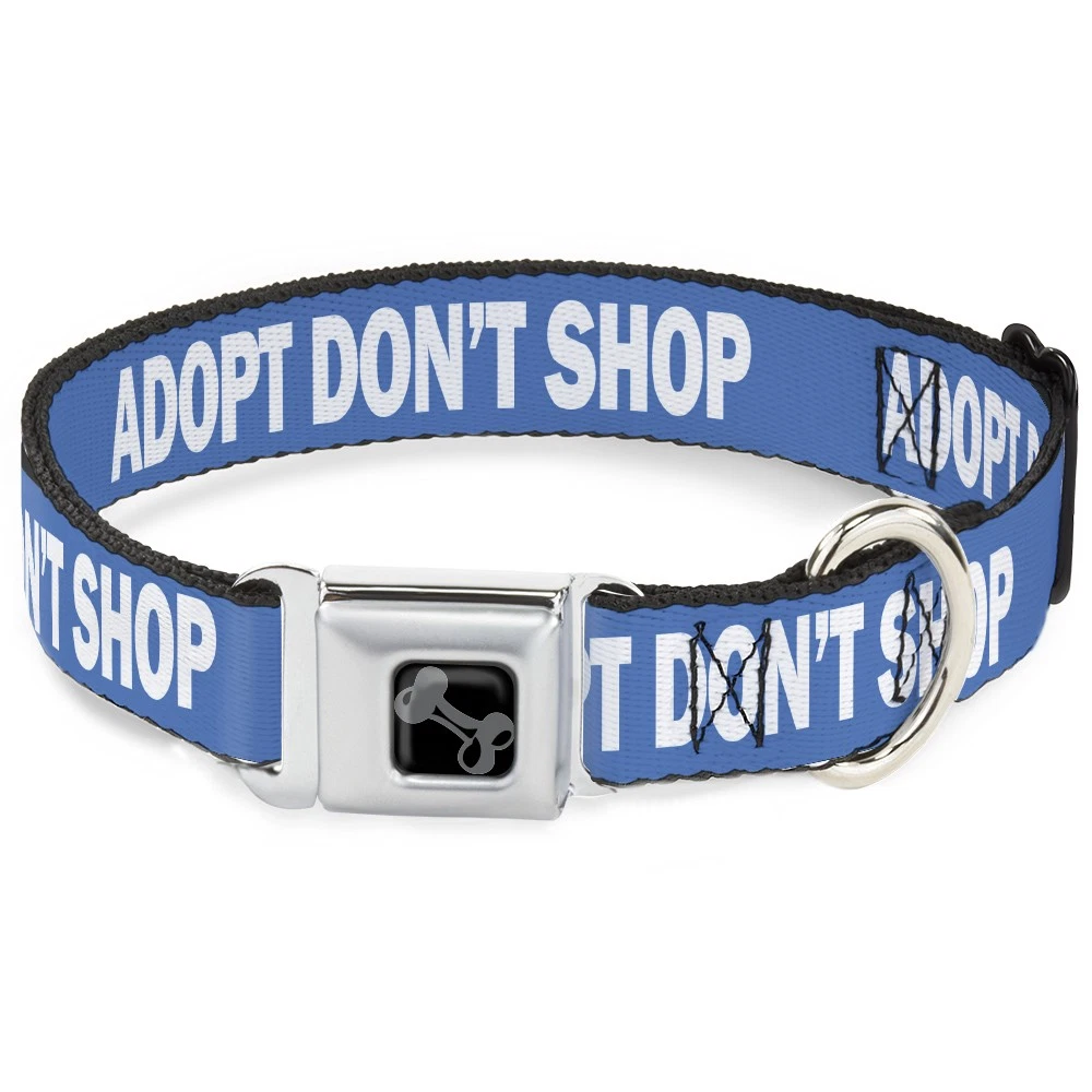 ADOPT DON'T SHOP Blue/White Large 15 Bone Pet Quote Dog Collar (US Import)