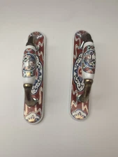 1985 Belwith Asian Japan Porcelain Brass Vtg Cabinet Drawer Handle & Backplate 2