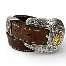 Vintage 90's Brown Belt XL Western mixed metal boho cowgirl daisies artisan