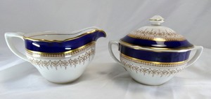 Royal Worcester Regency Blue Cream & Sugar w/Lid, MINT Condition