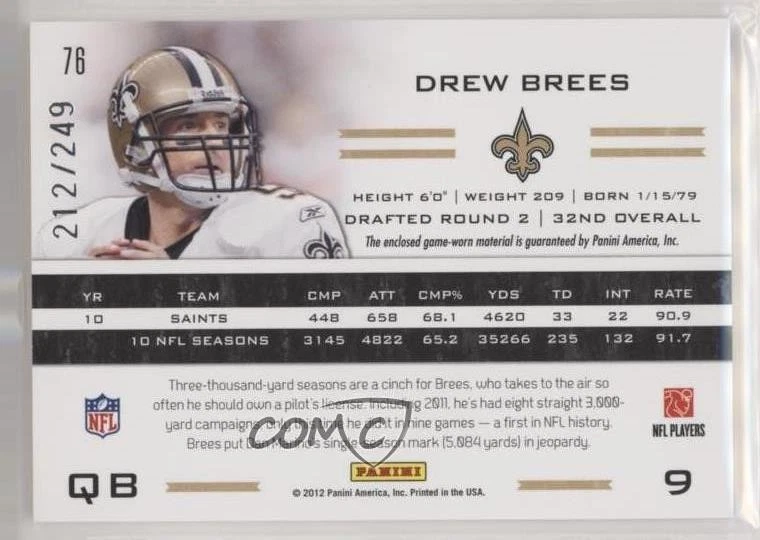 2011 Panini Totally Certified Totally Blue Materials /249 Drew Brees #76 - Image 2 of 2