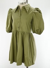 NA-KD Khaki Green Pointed Collar Puff 1/2 Sleeve Cotton Dress 34 US 2 NWT