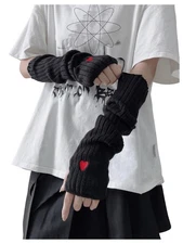 Women's Y2k Arm Warmers Heart Knit Arm Sleeves Fingerless Gloves Black One-Size