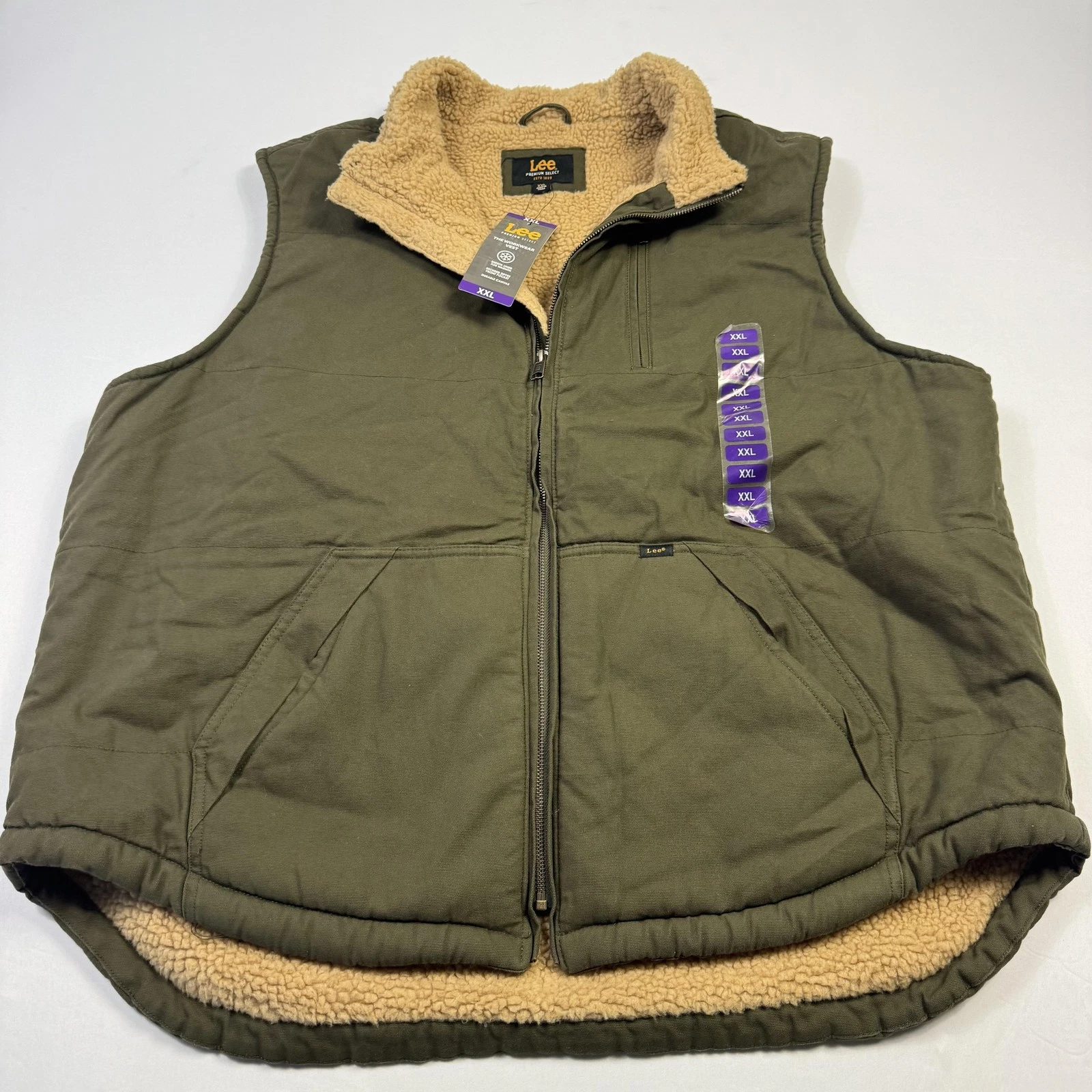 Lee The Workwear Vest Mens 2XL Olive Canvas Sherpa Lined Zip Pockets Insulated