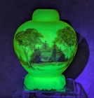 Fenton Burmese Ginger Jar Cabin in the Woods Painted Signed Uranium Glows