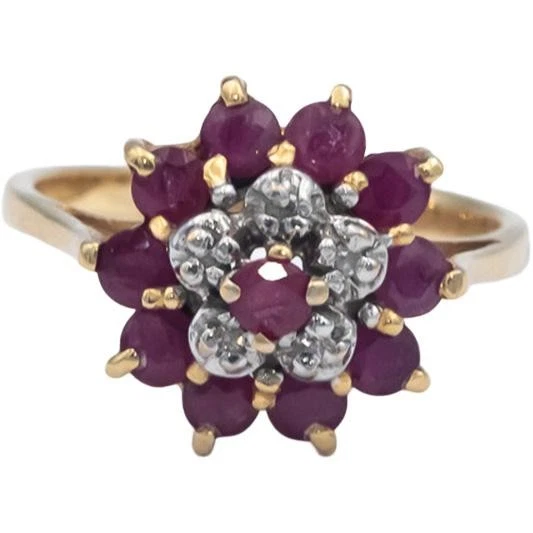 Anillo de cóctel con racimo de diamantes y rubíes de 0,52 quilates de oro amarillo de 14 k talla 5