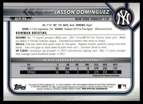 2022 Bowman Chrome #BCP-98 Jasson Dominguez - Picture 2 of 2