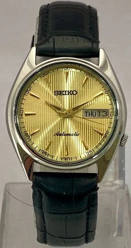 Vintage Classic Seiko5 Golden Dial "Day/Date" 7019 Watch Leather Strap Automatic