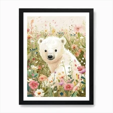 Polar Bear Cub In A Field Of Flower Framed Wall Art Poster Canvas Print Picture
