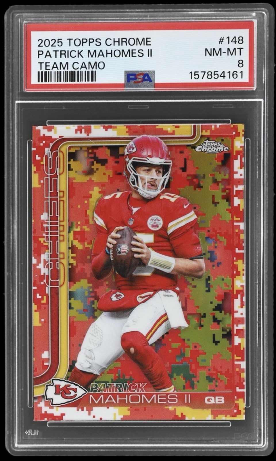 2025 Topps Chrome Patrick Mahomes II Team Camo SSP #148 KC Chiefs PSA 8