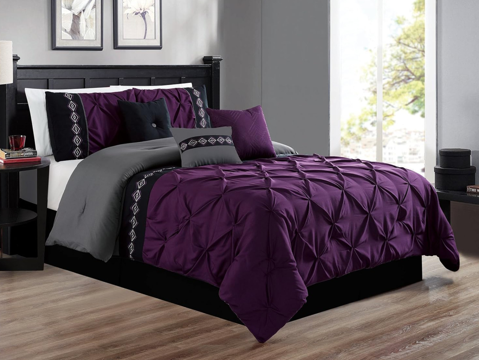 Purple Black Gray Pintuck Striped 7pc Comforter Set Queen Size Pinch Pleat Bed