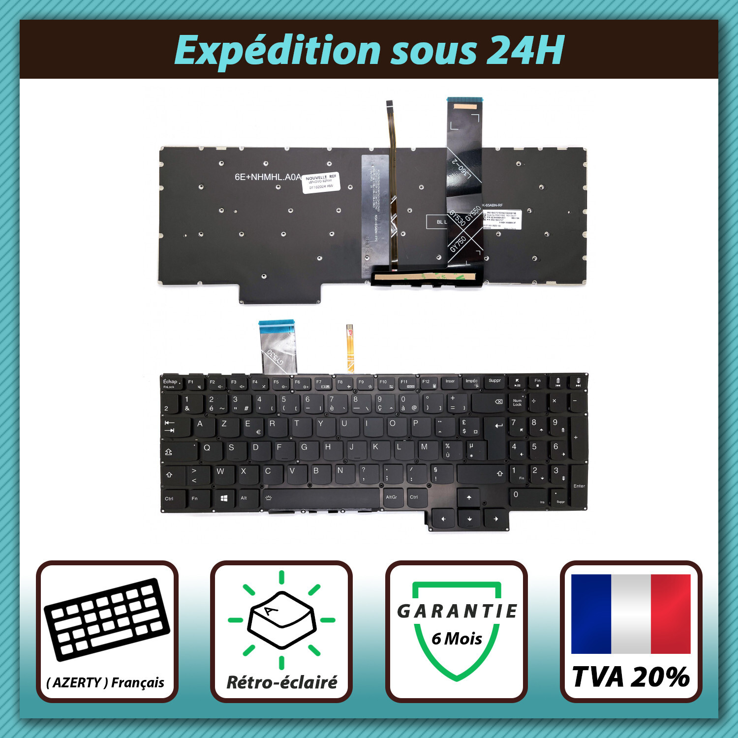 Clavier AZERTY Français Lenovo Legion 5 15ACH6A Noir Rétroéclairé
