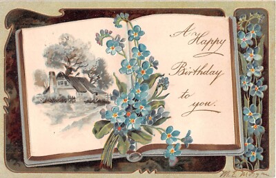 1907 PFB Birthday Postcard of Open Book Picturing Home Scene With Forget-Me-Nots