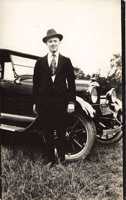 VINTAGE RPPC DAPPER MAN AND HIS SHINY AUTOMOBILE c1920 POSTCARD 052825 U
