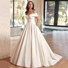 Simple Off Shoulder Satin Wedding Dress Pleats Pockets Backless Zip Bridal Gown