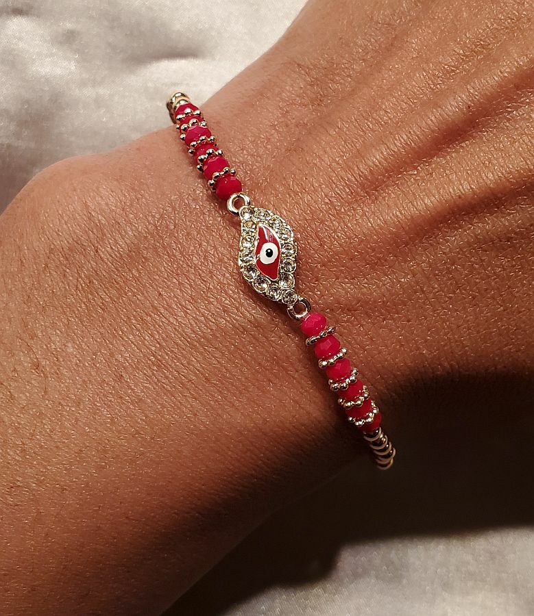 RED BLACK BLUE WHITE MULTI GOLD PAVE CRYSTAL EVIL EYE BEAD STRETCH
