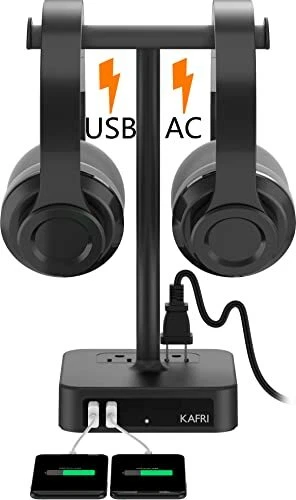 Dual Headphone Stand With Usb Charger Desk Gaming Double Headset