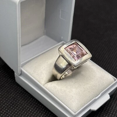 Ancienne Bague En Argent Massif 925 Jonc Alliance Anneaux Créateur Pierre Rose - Photo 1/4