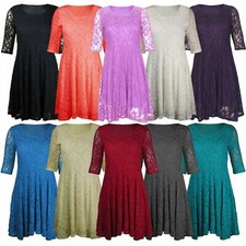 New Womens Plus Size Floral Lace ¾ Sleeve Lined Skater Flared Dress 14-28