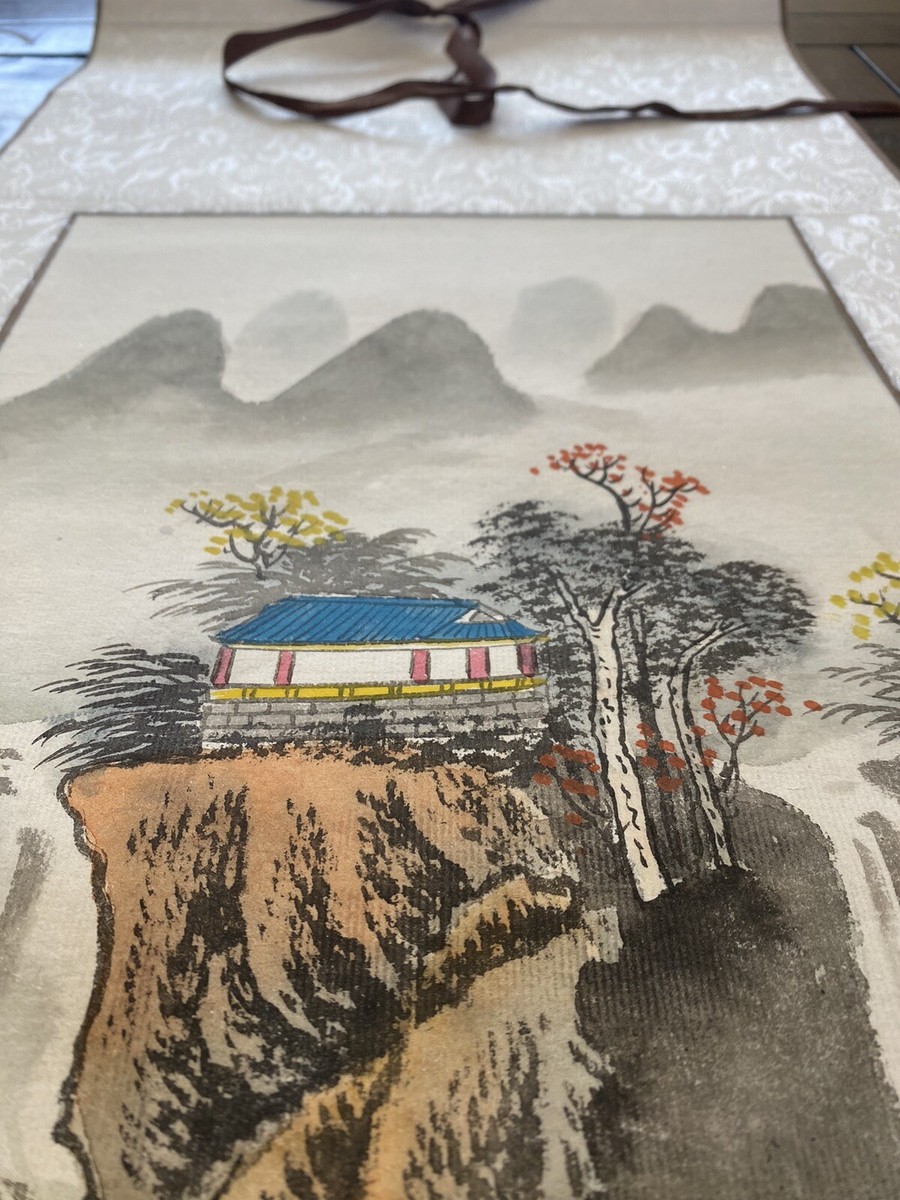JAPANESE WATERCOLOR SCROLL ART Painting Landscape #1084 VINTAGE