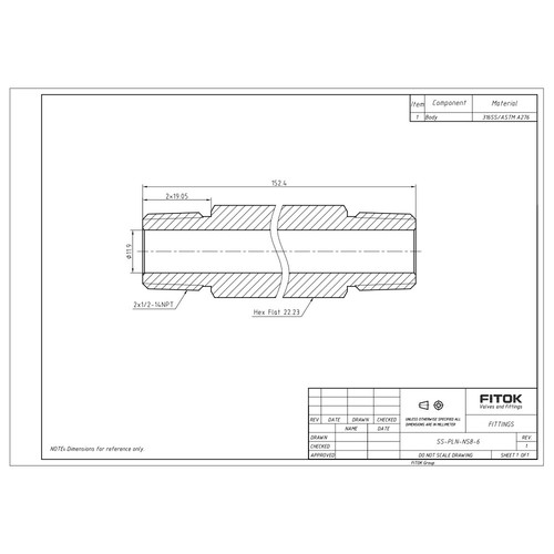FITOK 316 Stainless Steel Hex Long Nipple 1/2 Male NPT 6 in Overall Length - Picture 2 of 3