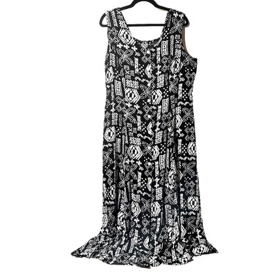 JBS Maxi Sun Dress Button Up Black Tribal Tiki Boho Beach Size 18 Oversized VTG