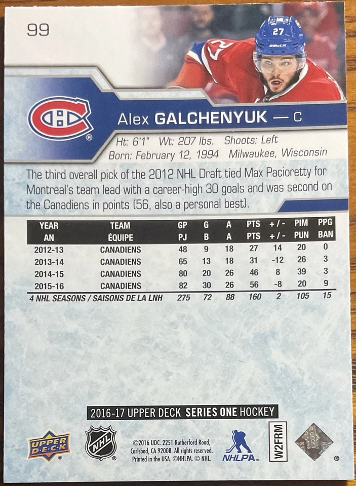 2016-17 Upper Deck Alex Galchenyuk #99 Montreal Canadiens - Image 2 of 2