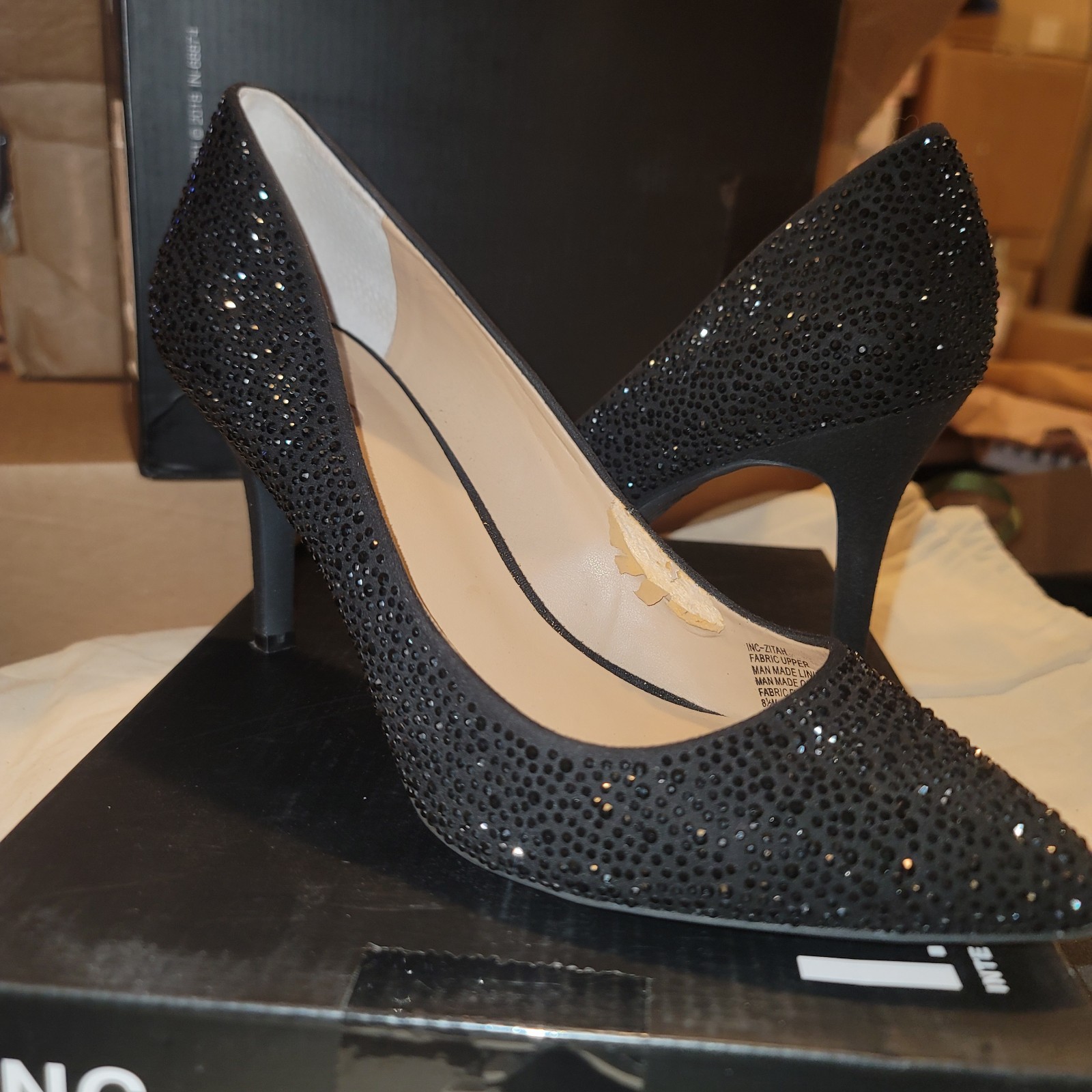 INC Black Bling Rhinestone Zitah Heels Pumps Size 8.5 *See Flaw* *MSRP $99