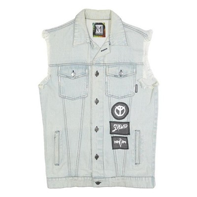 NNIM Herren Ärmellose Jeansjacke Patchwork Baumwolle Blau M Abgenutzt