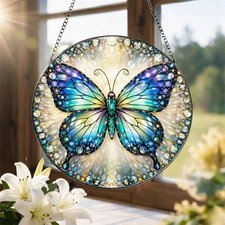 Blue Green Butterfly Glass Suncatcher, Stained Glass Style Butterfly Window
