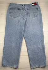 Vtg Tommy Hilfiger Flag Jeans Light Blue Baggy HipHop Distressed Y2K Mens 40x32