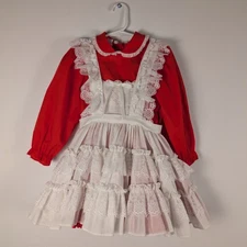 Vintage Mini World, Inc. Girls Dress Sz 4 Red White Pinafore Xmas Holiday Lace